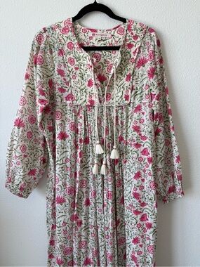 RO'S Garden Floral Tassel Peasant Dress in Pink & Green